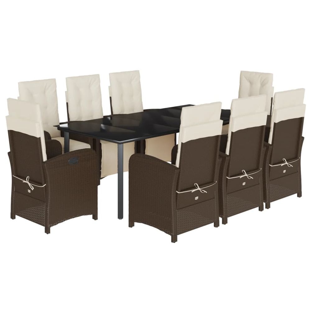 Ensemble à manger de jardin et coussins 9 pcs marron poly rotin