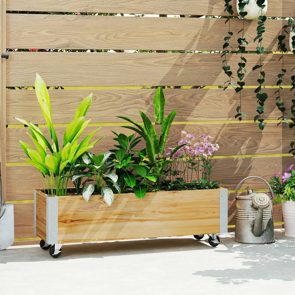 Jardinière sur roulettes jardinière rectangulaire feutre de drainage métal bois massif 96 x 30,6 x 30 cm bois naturel