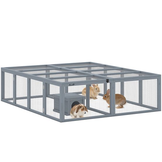 Enclos lapin extérieur bois gris 180,4 x 150 x 48 cm avec abri modulable sécurisé