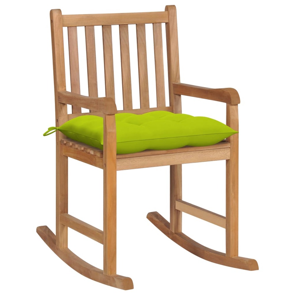 Chaise à bascule avec coussin vert vif bois de teck solide