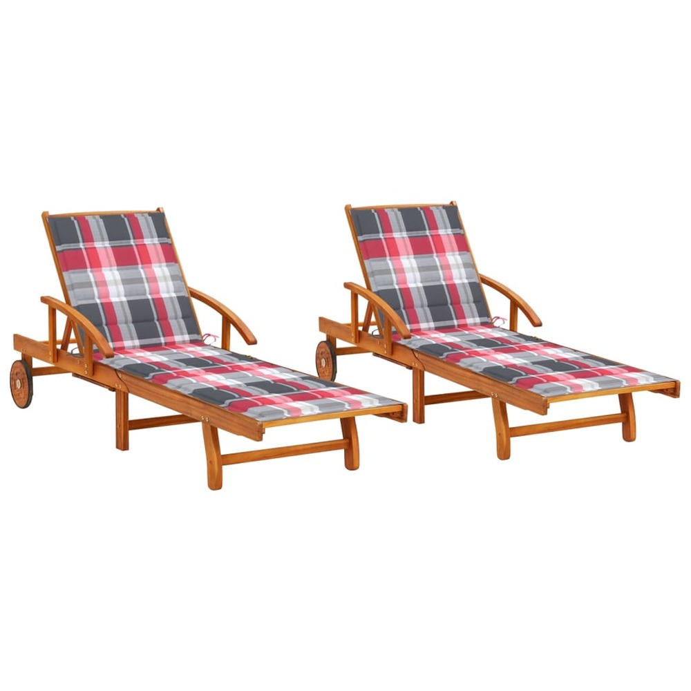 Lot de 2 transats chaise longue bain de soleil lit de jardin terrasse meuble d'extérieur avec coussins bois d'acacia solide 0