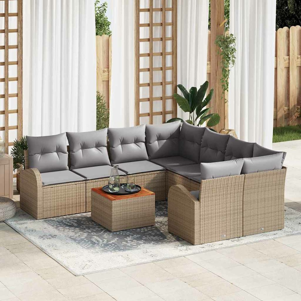 Ensemble de canapé de jardin avec coussin 9 pcs beige polyrotin