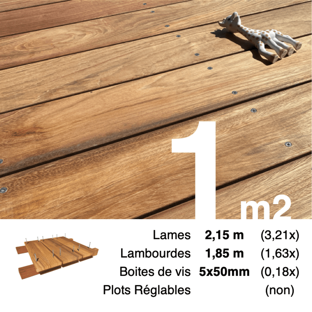 Kit terrasse bois exotique jatoba pour 1 m², lames 2,15 m, lambourdes 1,85 m et visserie inox.
