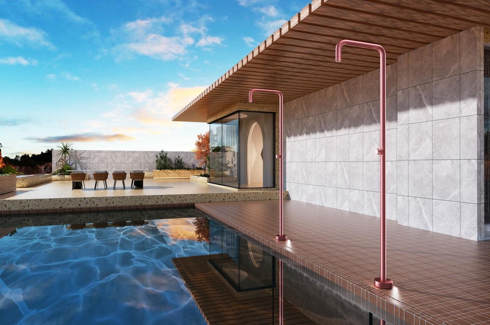 Douche de piscine en acier 316 rose avec diffuseur anticalcaire 50 mm