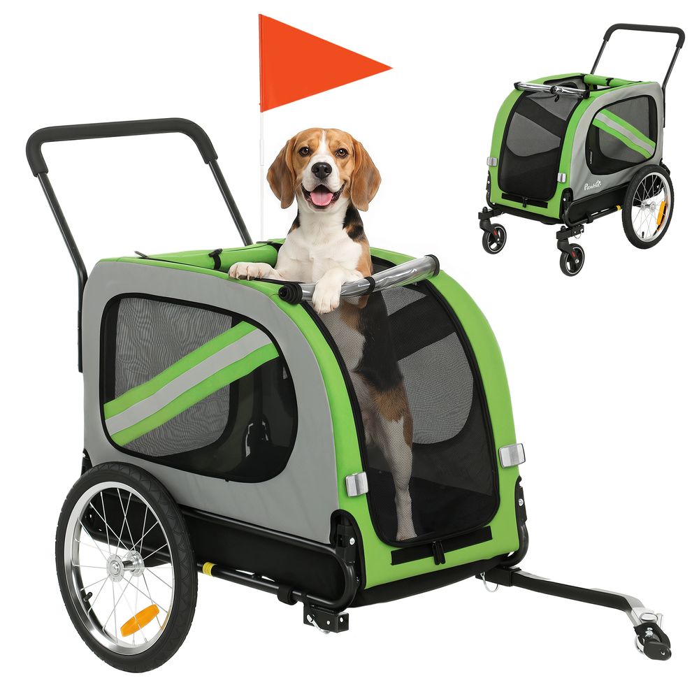 Remorque vélo pour chien acier vert 134x62x101 cm poussette 2-en-1 pliable