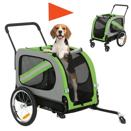 Remorque vélo pour chien acier vert 134x62x101 cm poussette 2-en-1 pliable