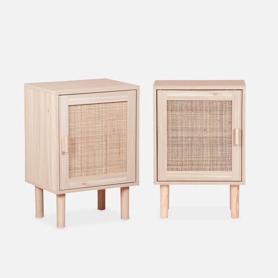 Lot de 2 tables de chevet en cannage et décor bois - camargue - 40x30x58cm, 2 niveaux, 1 porte, pieds droits