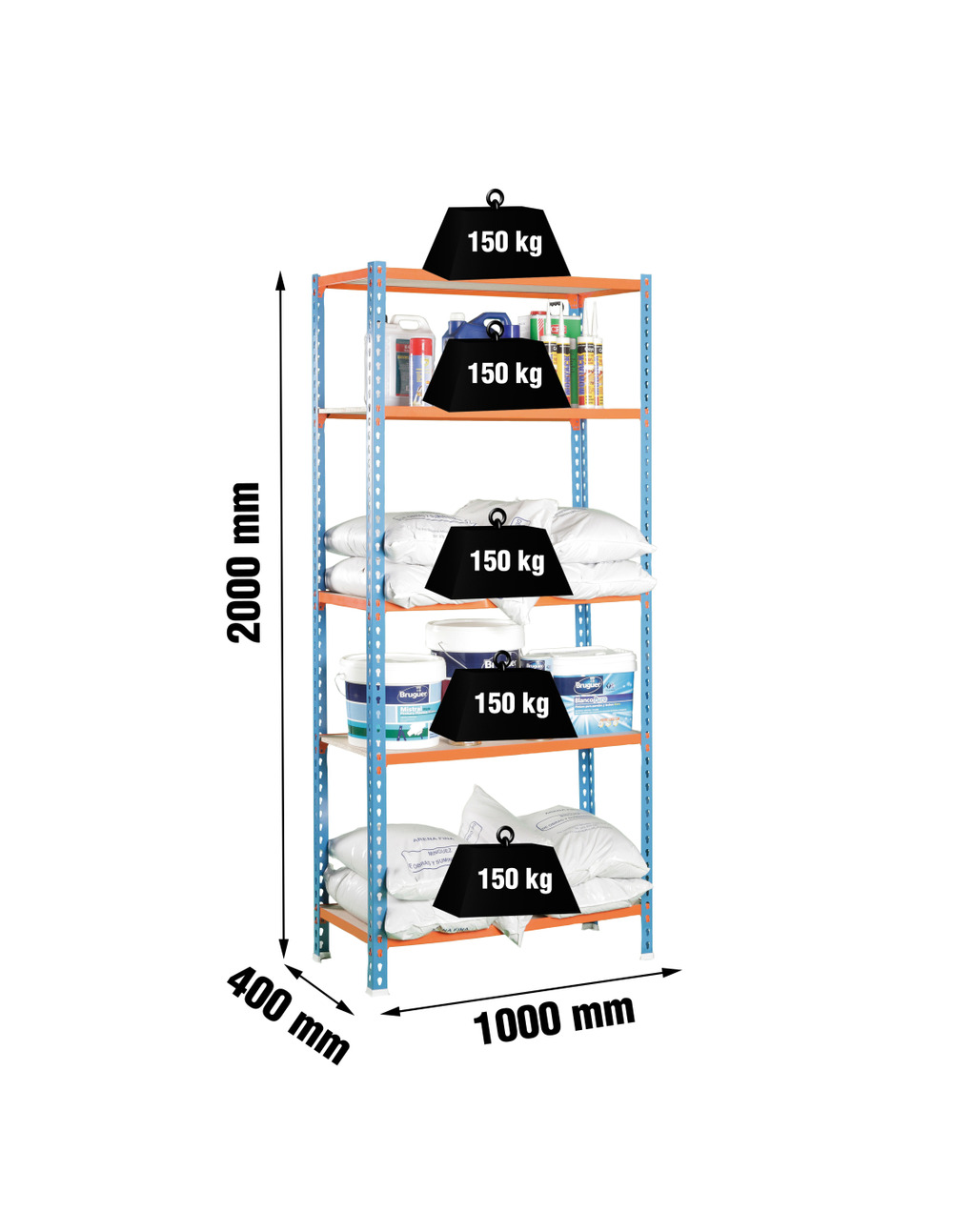 Etagère légère sans vis maderclick plus 5/400 bleu/orang/bois bleu/orange/bois 2000x1000x400 - simonrack