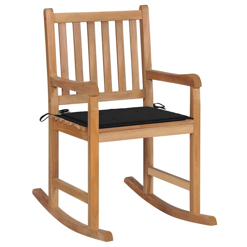Chaise à bascule avec coussin noir bois de teck solide