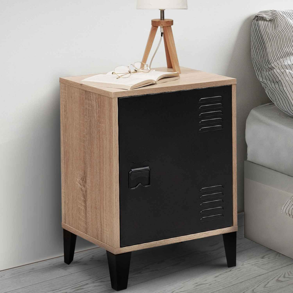Table de chevet ester effet bois 1 porte métal noir design industriel