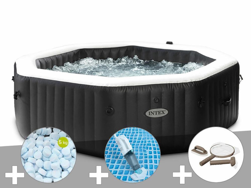Kit spa gonflable purespa carbone octogonal bulles et jets 6 places + 5 kg de s