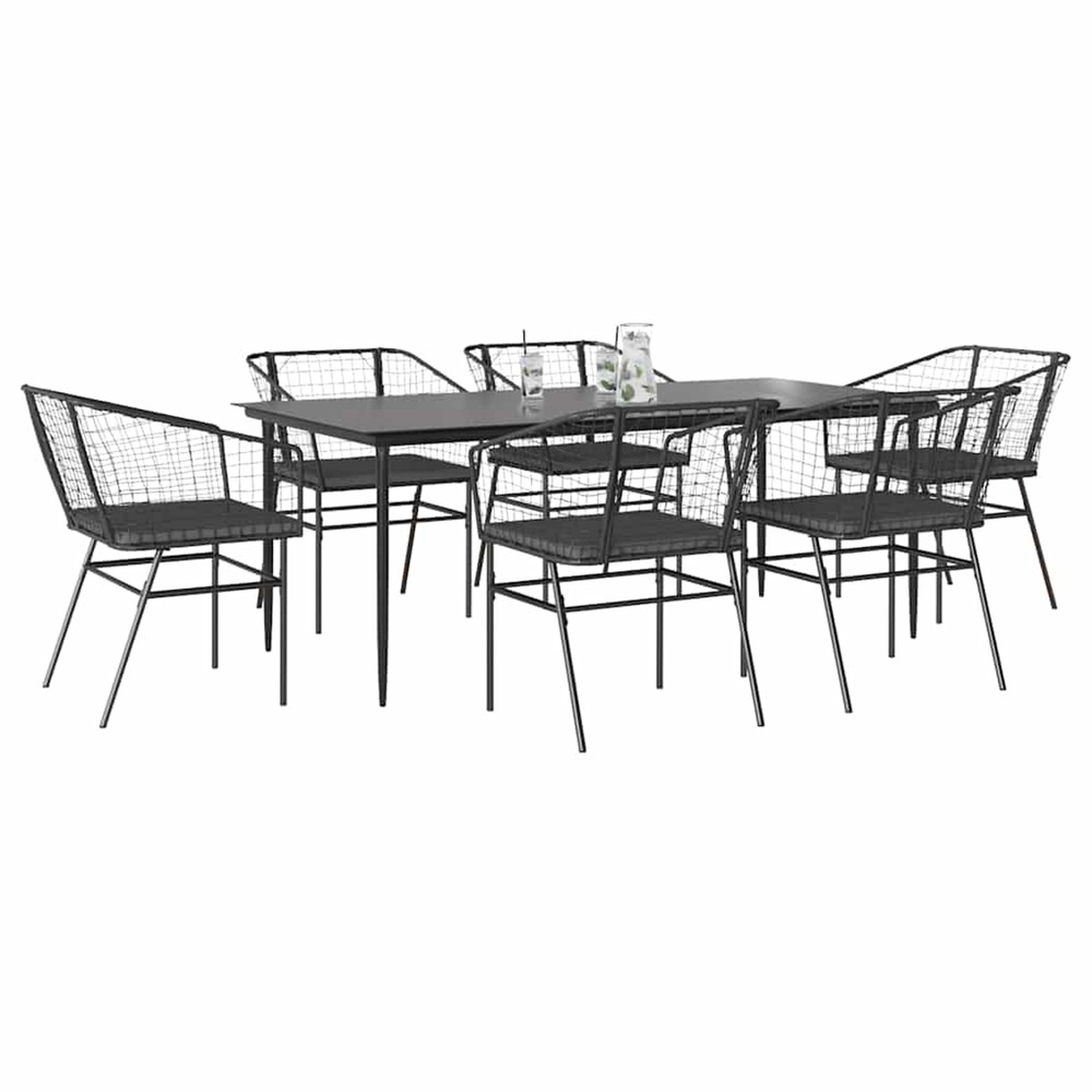 Ensemble à manger de jardin coussins 7pcs noir poly rotin verre