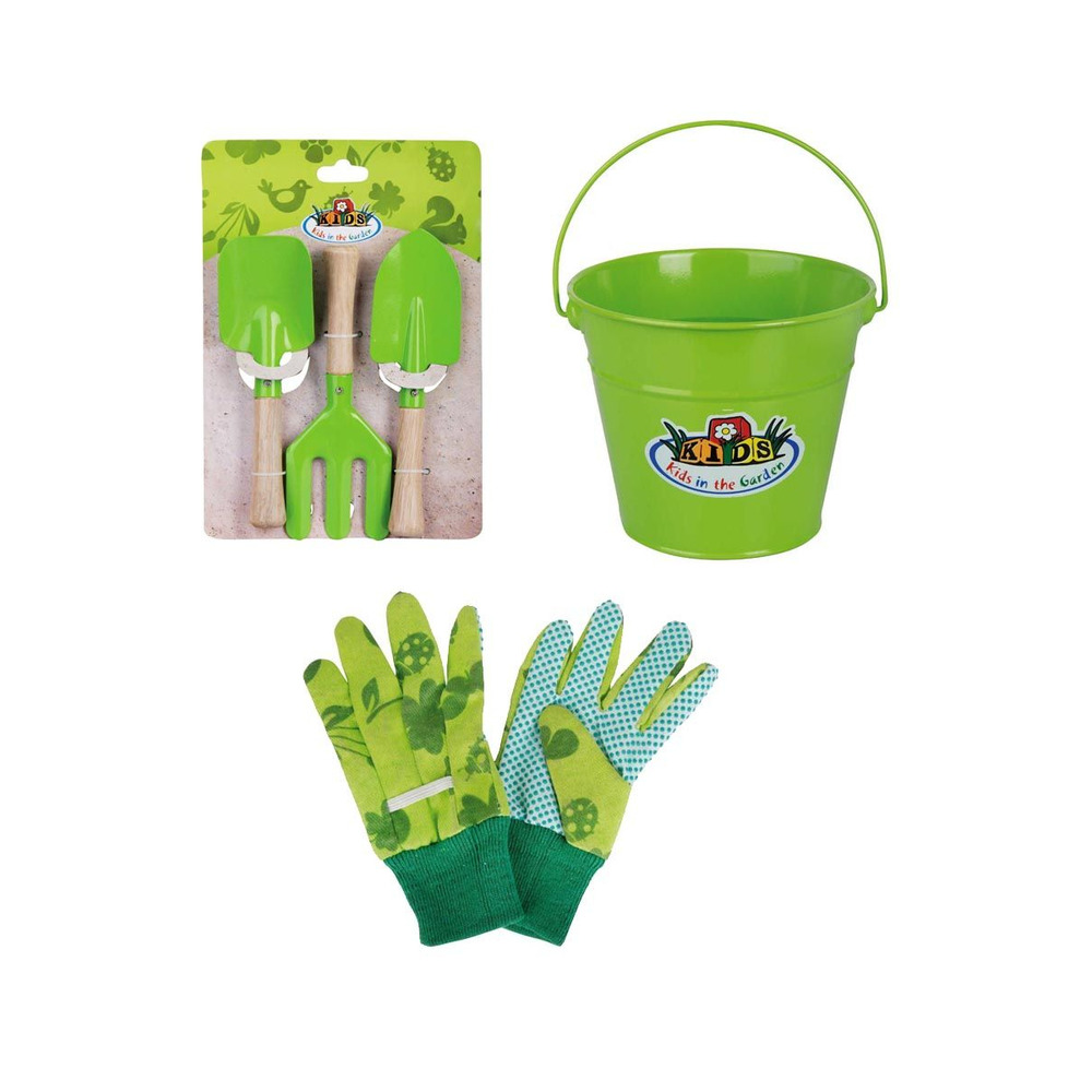 Kit petit jardinier accessoires pour enfant en métal seau + gants + petits outil