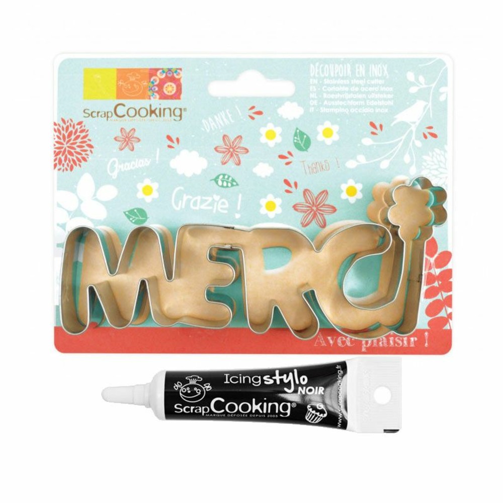 Découpoir à biscuits en inox merci + stylo de glaçage noir