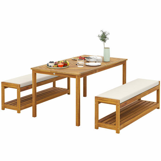 Ensemble de jardin 3 pièces : table à manger (trou parasol) + 2 bancs, 150x85x75 cm, teck
