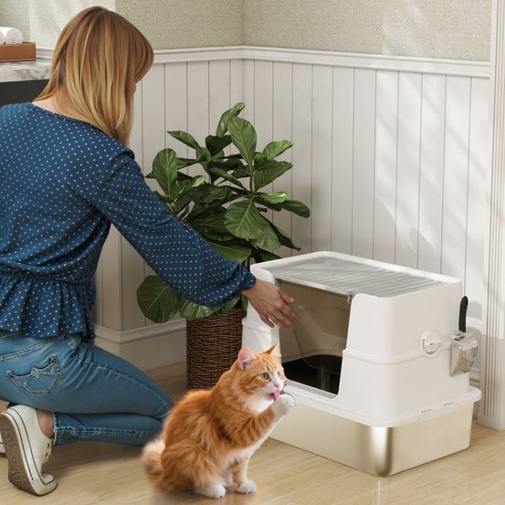 Maison de toilette chat acier inoxydable grand espace anti-odeur 60x40cm gris