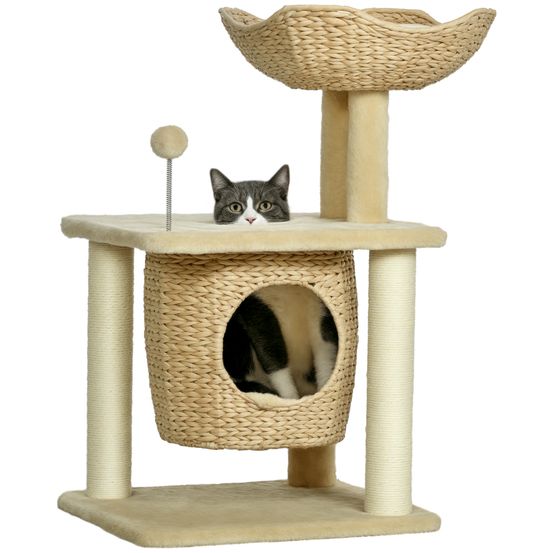 Arbre à chat bois sisal intérieur quenouille tressée panier 45x40x74cm beige