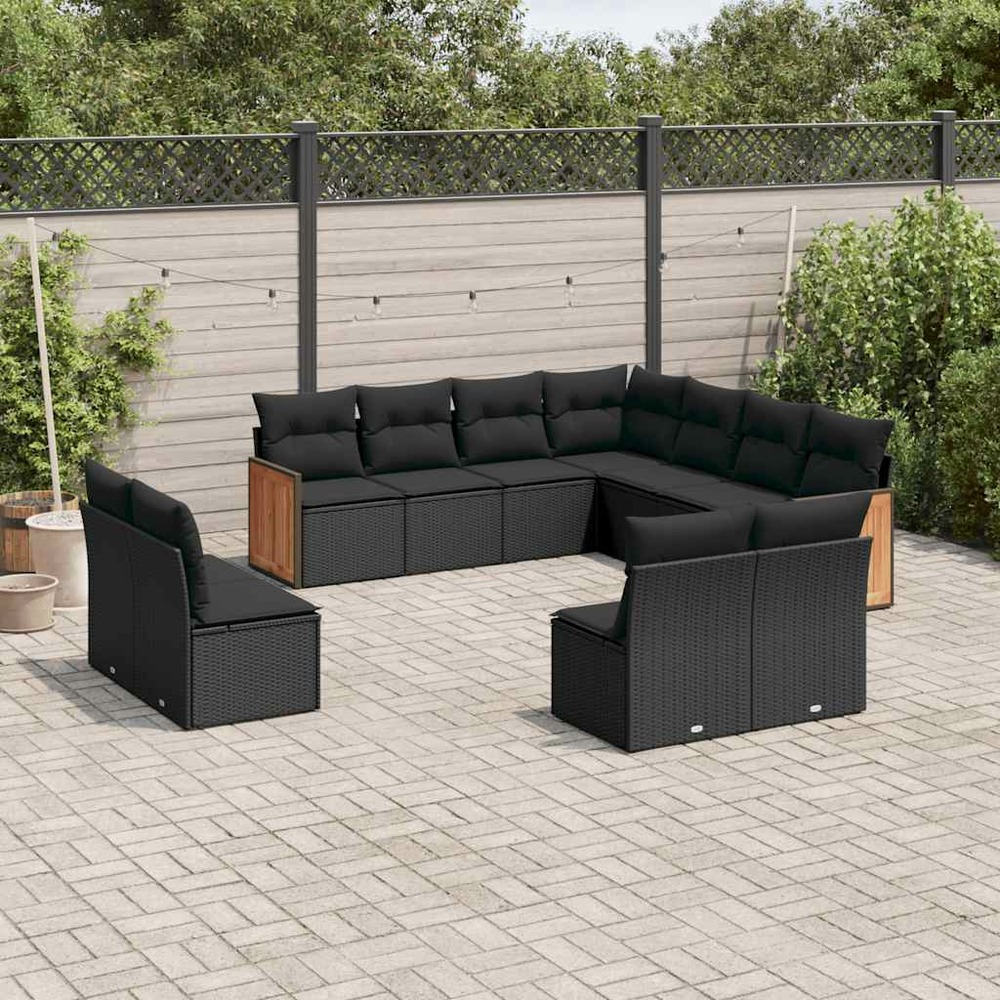 Salon de jardin 11 pcs avec coussins noir résine tressée
