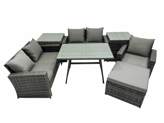 Ensemble de canapé en rotin extérieur avec table à manger canapé à deux places 2 tables d'appoint grand tabouret gris foncé mixte