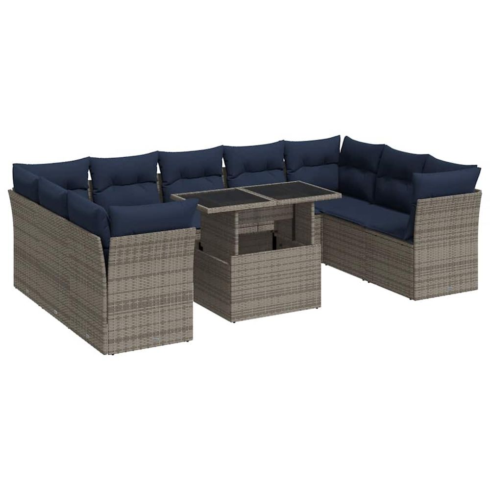 Salon de jardin avec coussins 10 pcs gris résine tressée acacia