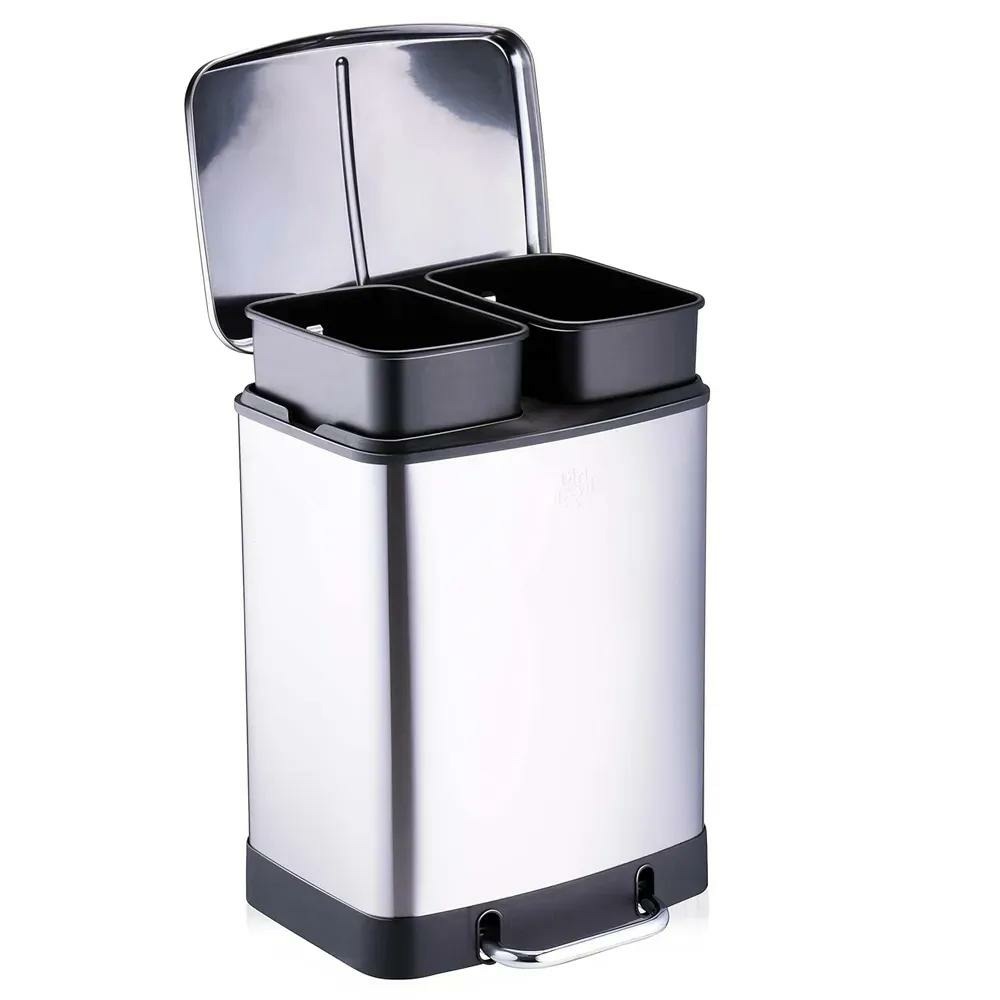 Poubelle à pédale 2 bacs acier inox brossé argenté 2x12l