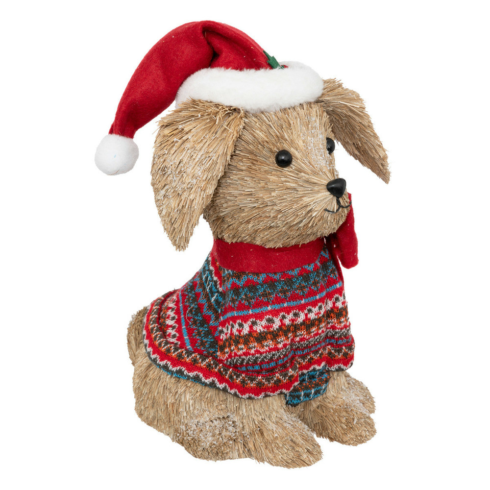 Déco de noël chiot avec pull et bonnet multicolore 20 x 14 x h 43 cm