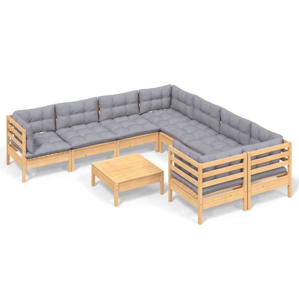 Salon de jardin 9 pcs avec coussins gris bois de pin