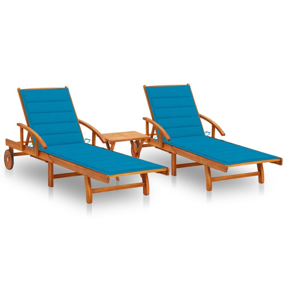 Chaises longues lot de 2 avec table et coussins acacia solide