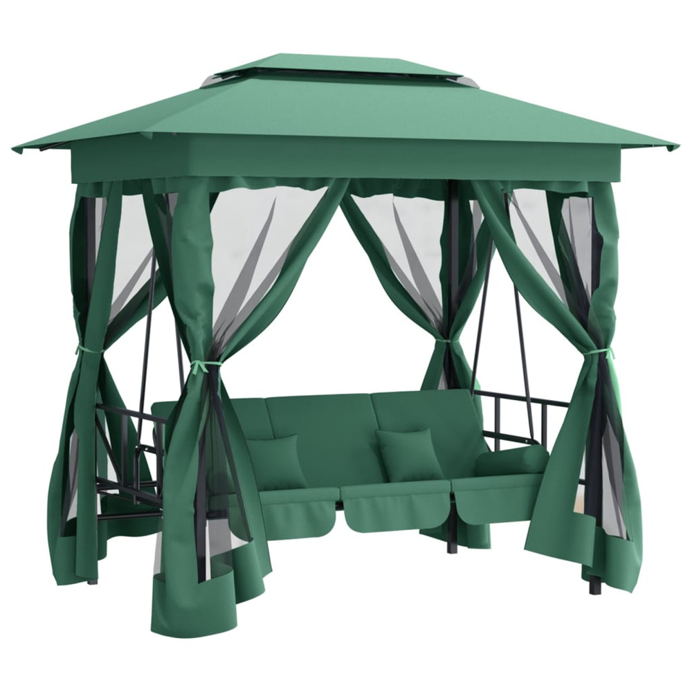 Tonnelle de jardin banc pivotant convertible vert tissu acier