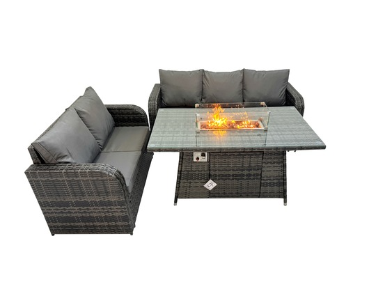 Salon de jardin avec table de foyer à gaz 3 pièces ensemble de canapés en rotin gris foncé mixte