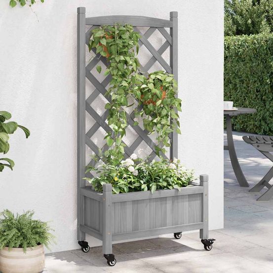 Jardinière haute mobile avec treillis support plantes – bois de sapin massif durable et esthétique – 55cm gris