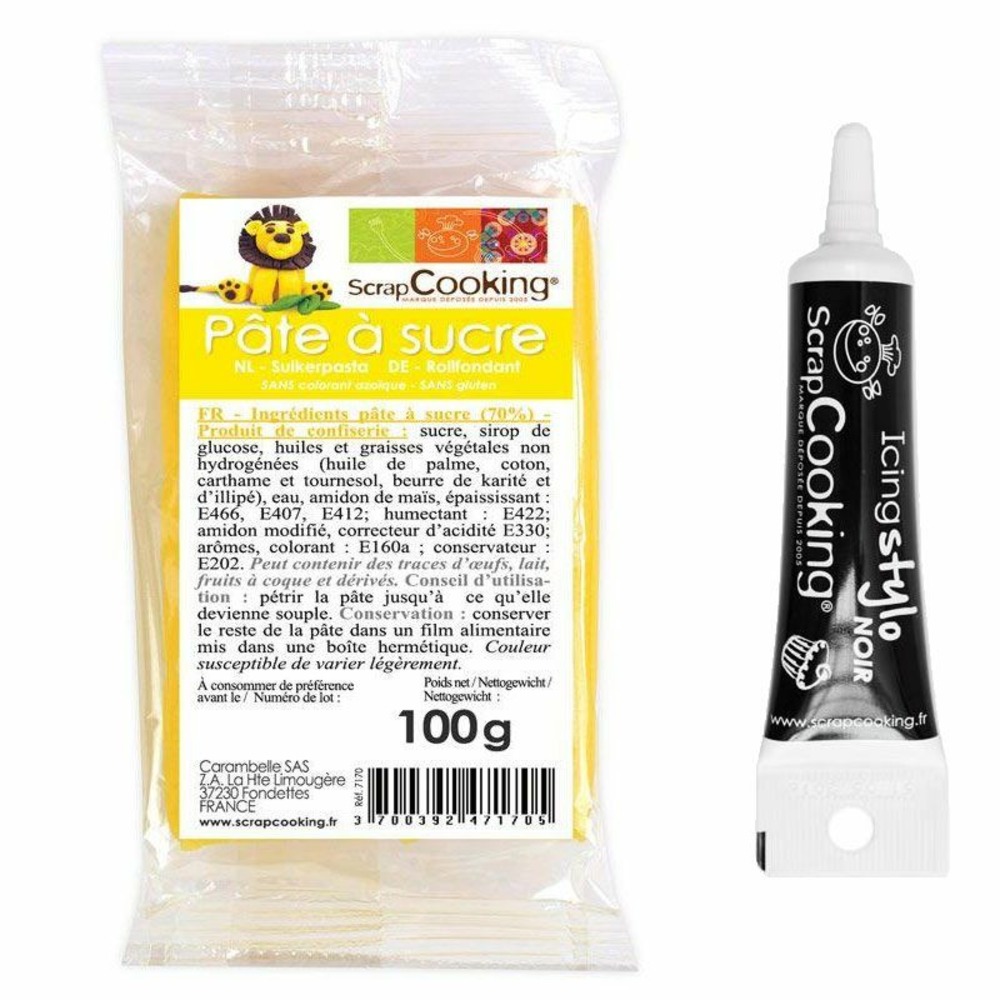 Pâte à sucre jaune 100 g + stylo de glaçage noir