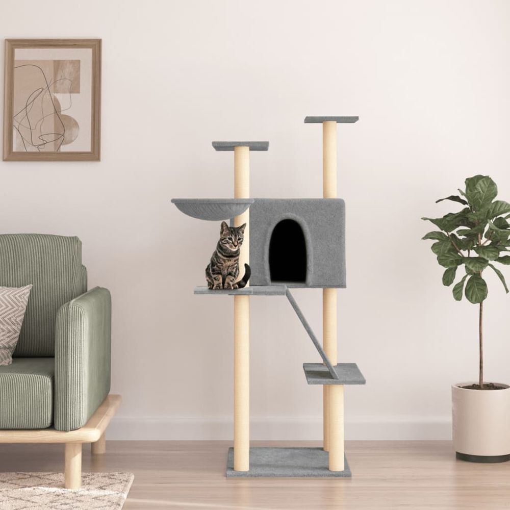 Arbre à chat 143 cm en sisal et peluche avec échelle niche et panier gris