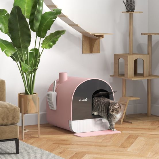 Maison toilette chat plastique tapis et pelle inclus anti-odeurs rose 43cm