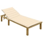 Transat chaise longue bain de soleil lit de jardin terrasse meuble d'extérieur avec coussin crème bois de pin imprégné 02_001