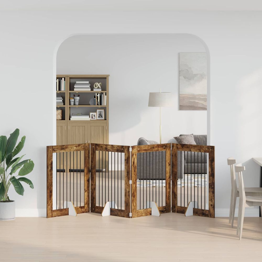Barrière chien pliable bois d'ingénierie intérieur 4 panneaux chêne fumé 321cm