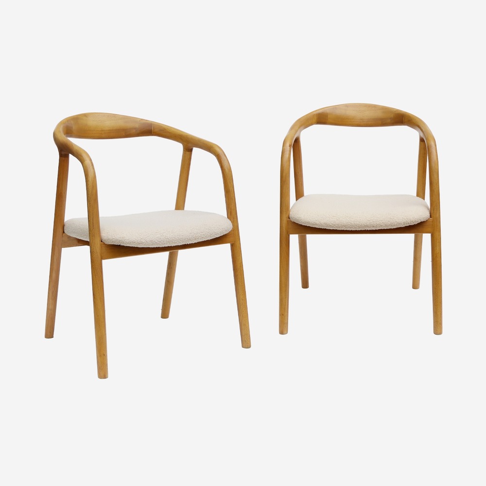 Lot de 2 fauteuils bois d'hévéa, assise bouclette vintage - l 55 x p 57 x h 79cm - sara