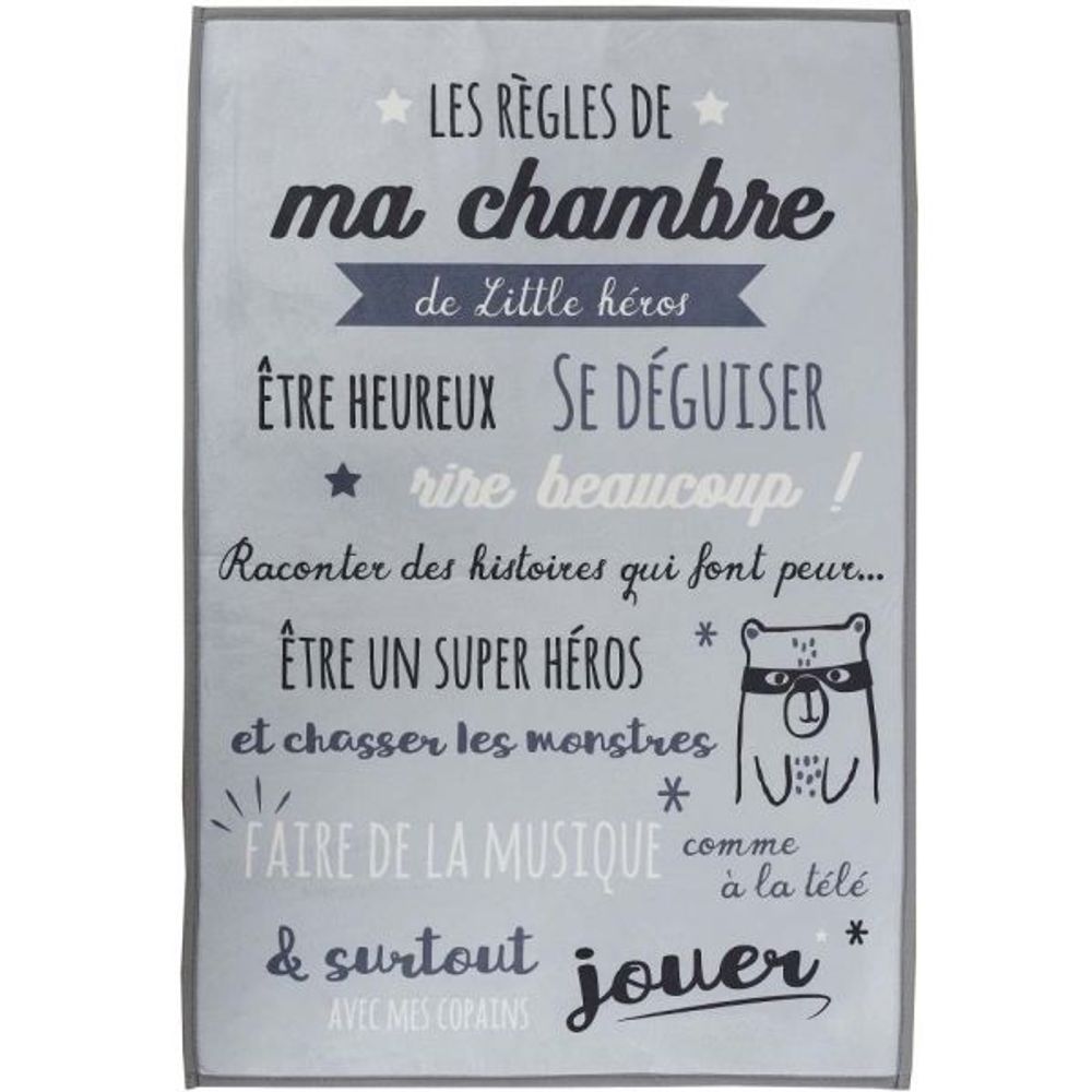 Tapis règles de la chambre enfant 60x90 cm little héros - gris
