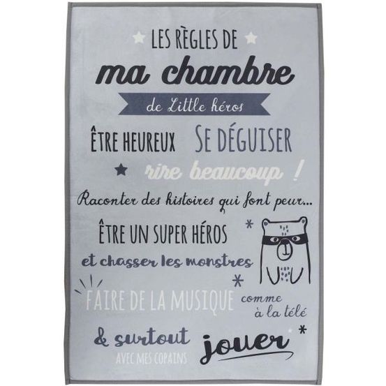 Tapis règles de la chambre enfant 60x90 cm little héros - gris