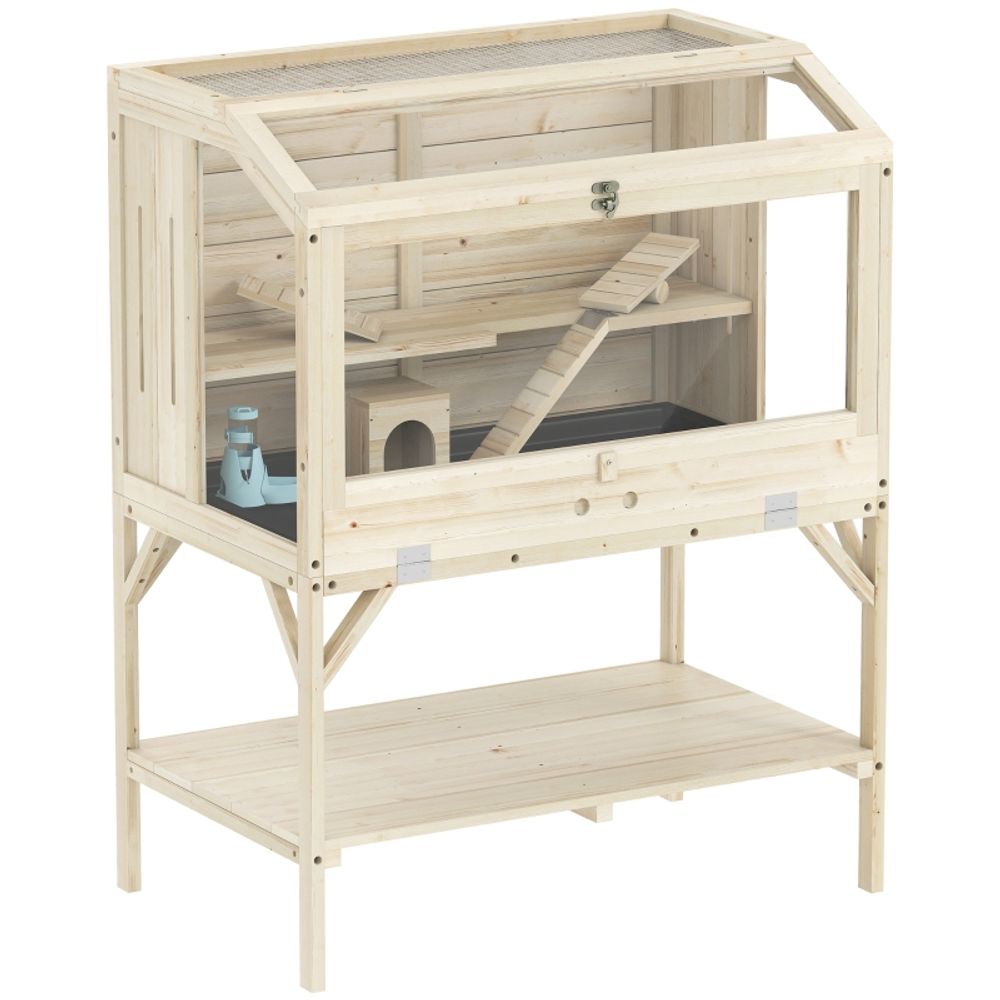 Cage hamster bois naturel petits rongeurs 2 niveaux rangement 84x53x110cm