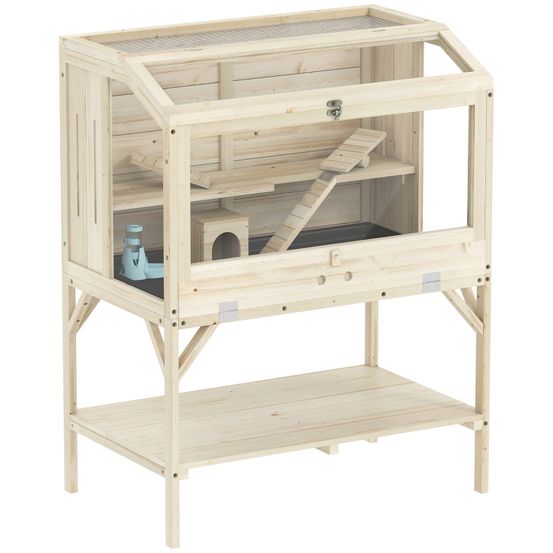 Cage hamster bois naturel petits rongeurs 2 niveaux rangement 84x53x110cm