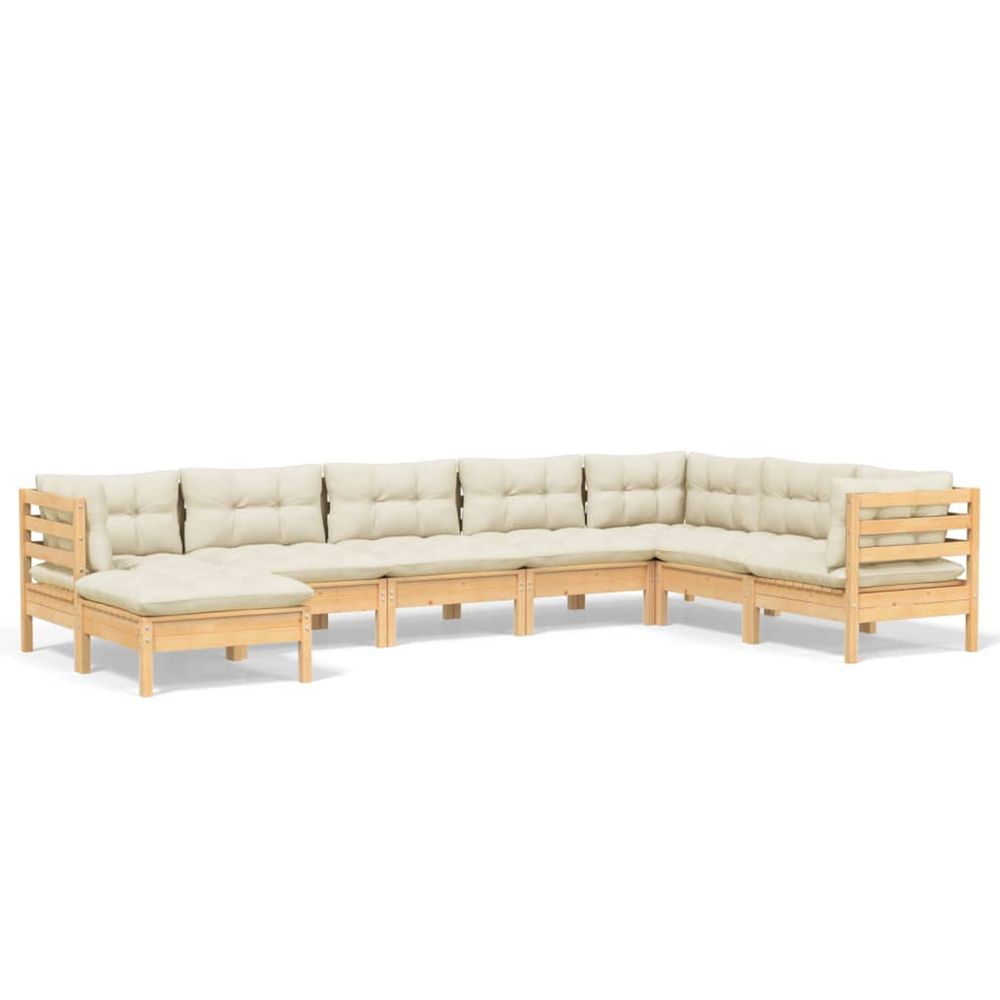 Salon de jardin 8 pcs avec coussins crème bois de pin massif