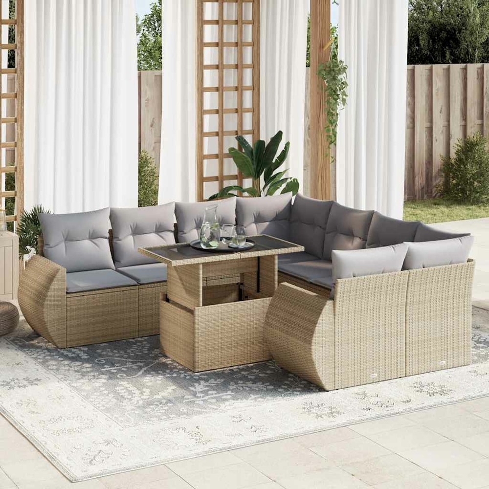 Salon de jardin avec coussins 9 pcs beige résine tressée