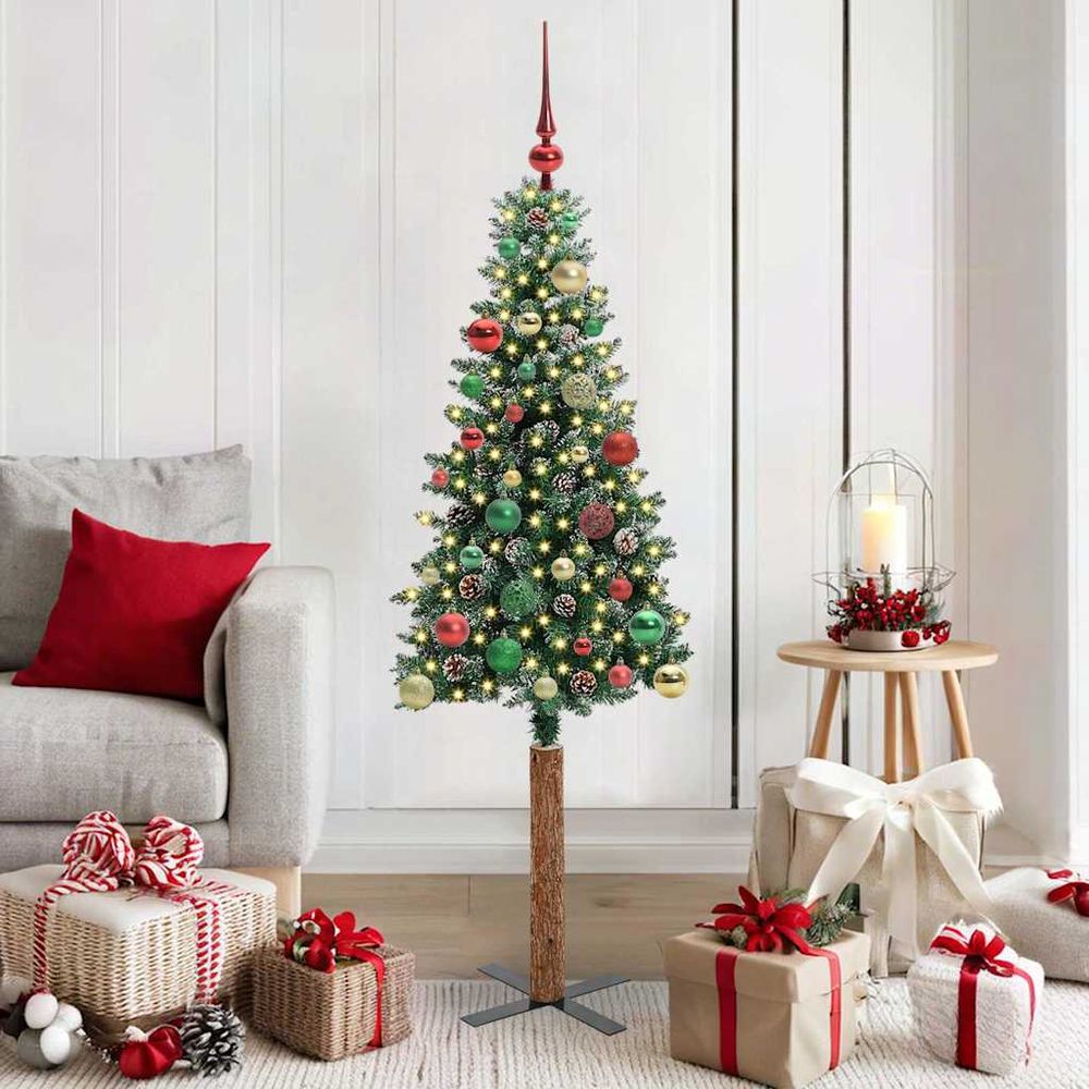 Sapin de noël fin 150 cm décoré effet neige avec lumières led intégrées