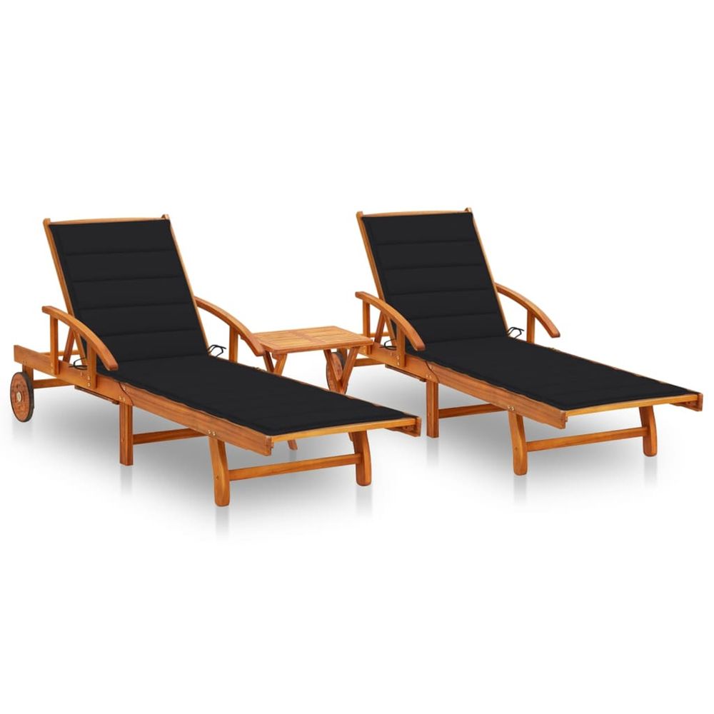 Chaises longues lot de 2 avec table et coussins acacia solide