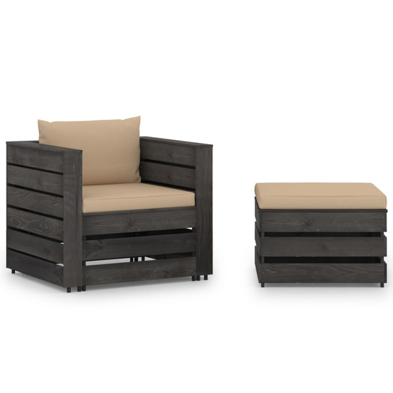 Salon de jardin 2 pcs avec coussins bois imprégné de gris