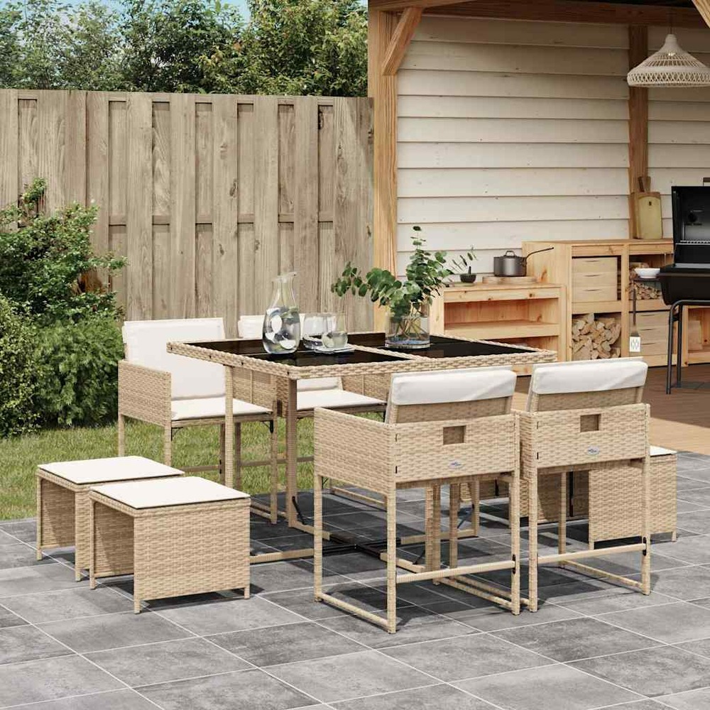 Ensemble à manger de jardin et coussins 9 pcs beige poly rotin