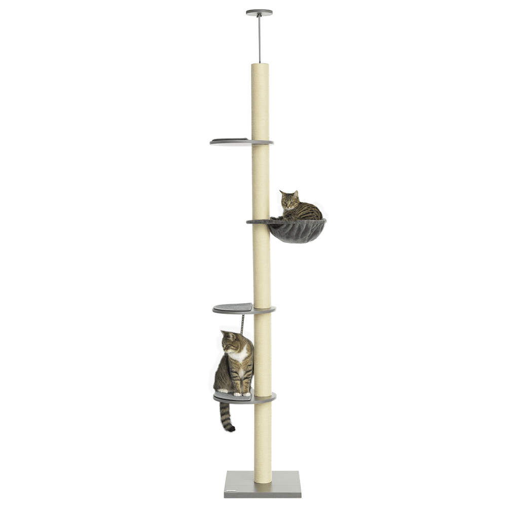 Arbre à chat géant bois et peluche pour chats plafond ajustable et hamac gris et crème