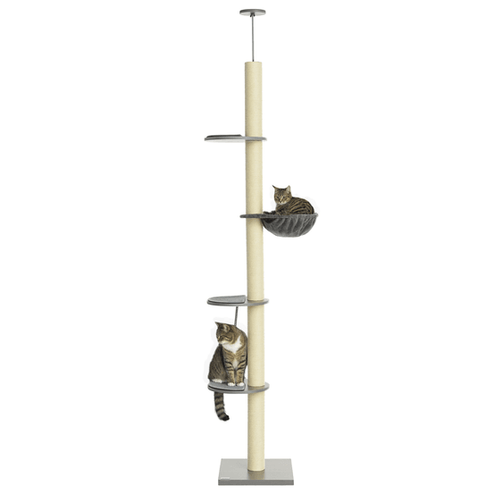 Arbre à chat géant bois et peluche pour chats plafond ajustable et hamac gris et crème