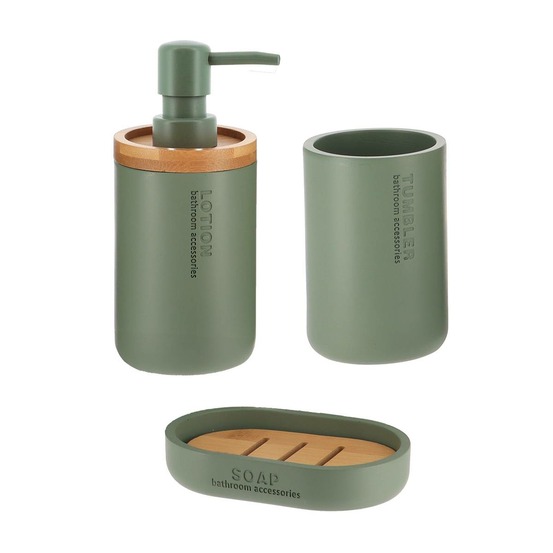 Set gobelet distributeur a savon et porte savon polyresine - kaki/bambou